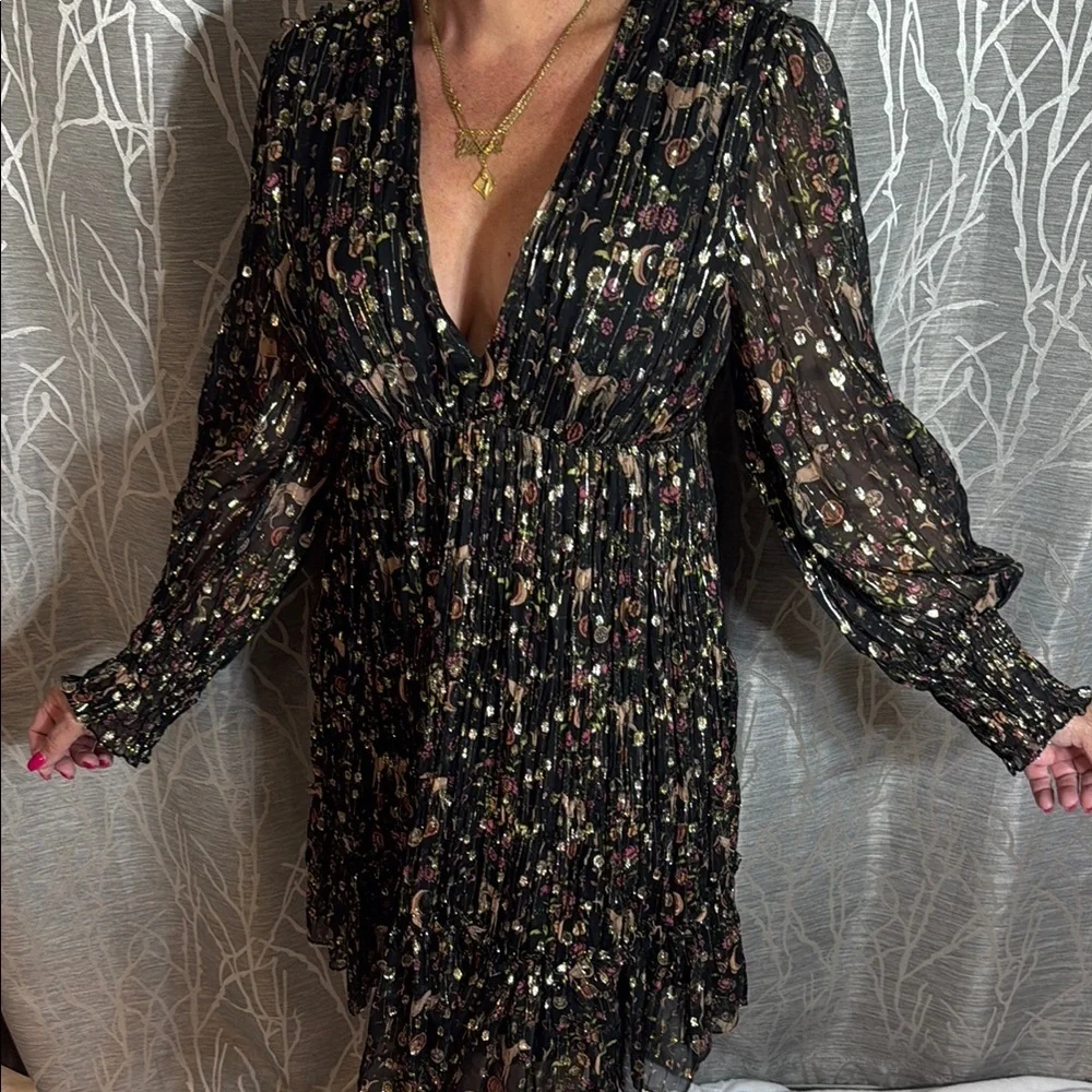 Sandro Paris Pleated Hound Print Metallic Dress 38/6